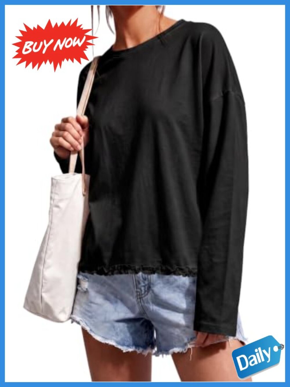 Women's Oversized Ruffle Hem Crew Neck Boxy Long Sleeve T-Shirt Top
